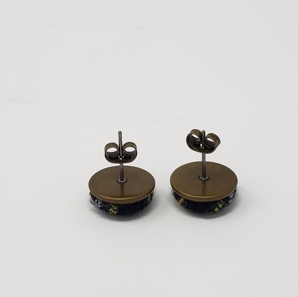 New Handmade | Yellow Navy White Plaid Upcycled Plaid Button Stud Earrings - Picture 2 of 3